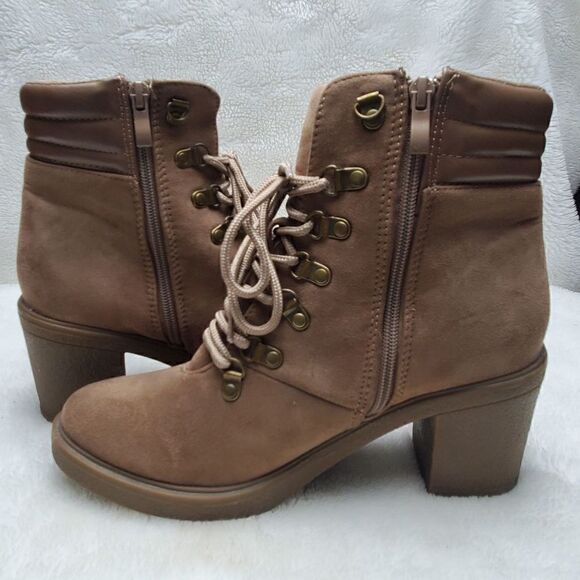 Chunky Boho Lace up Ankle Boots. Suede. Tan. Side zip. 3" heel. Rubber soles and - Picture 10 of 11